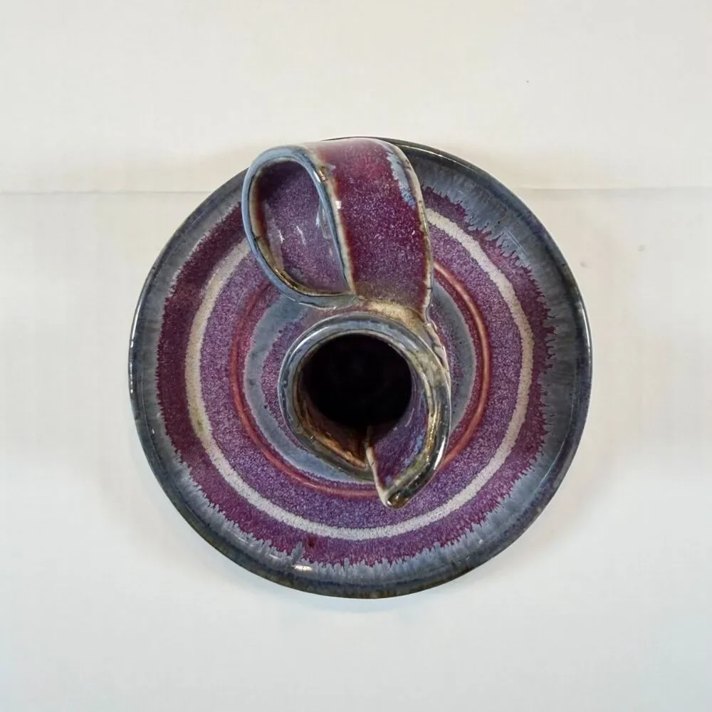 Vintage Bay Pottery Ceramic Chamberstick Candle Holder Purple Blue Drip Glaze